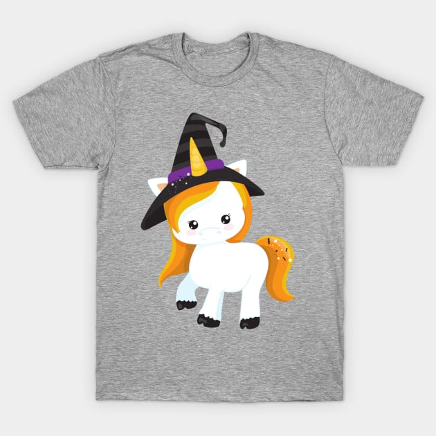 Halloween, Cute Unicorn, Magic Unicorn, Witch Hat T-Shirt by Jelena Dunčević